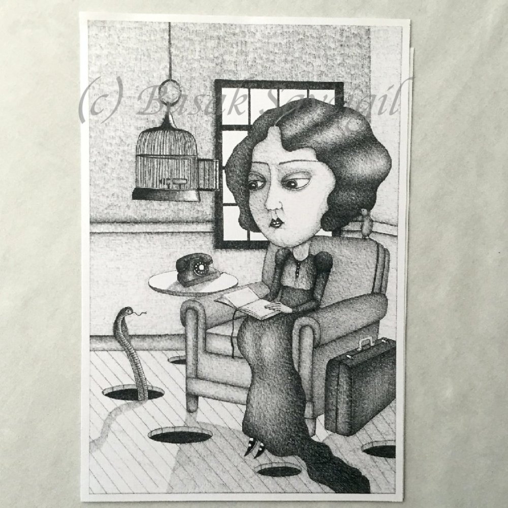 OOP Signed Dark Art Print 20s Flapper Gorey inspired Goth Pen + Ink - Picture 5 of 6